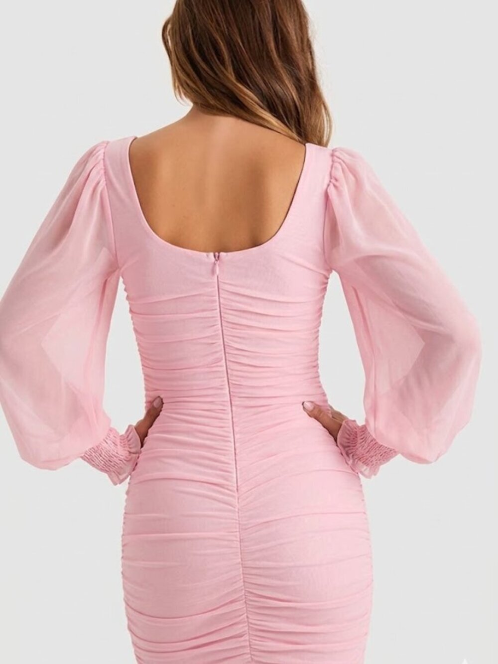 NWT Lulus Perfect Sensation Pink Ruched Puff Sleeve Mini Dress Size L - Picture 4 of 7